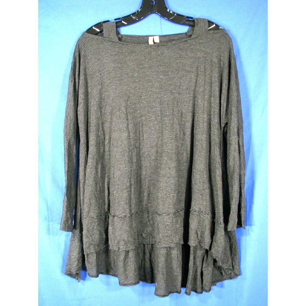 COMFY USA Lagenlook GRAY/BLACK STRIPED TOP Jersey Knit HI-LOW Cold Shoulder XS